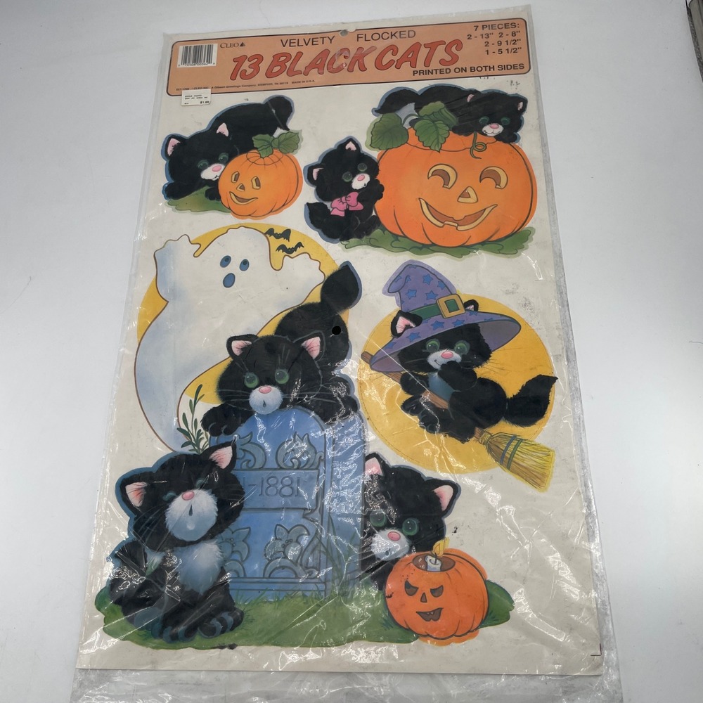 Cleo Gibson Halloween 13 Black Cats Flocked Die Cut Decorations 7pc Set Vintage